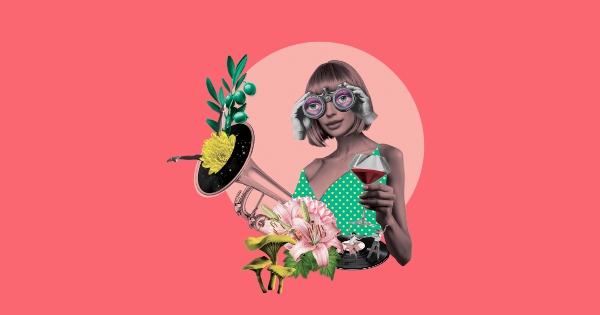 Visual of the Pour and Explore Brand - featuring a woman with a glass of wine and other objects on a pink background.
